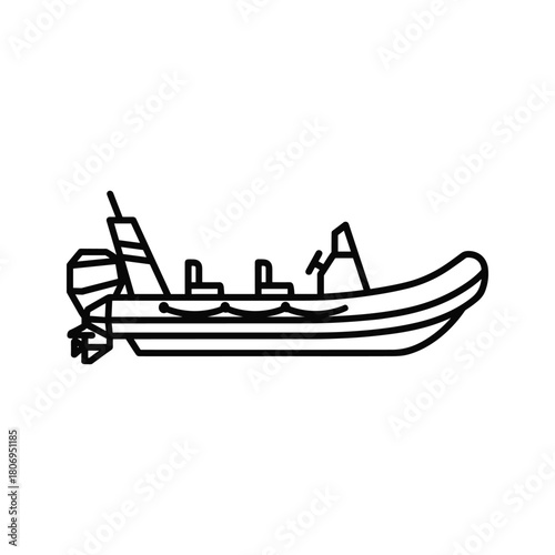 Rigid inflatable boat (rib) with outboard motor outline icon. small speedboat graphic for nautical design elements.