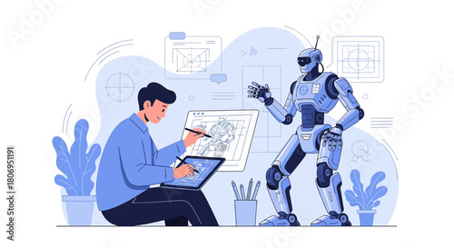 A creative designer developing a robot with digital tools showcasing human-machine collaboration