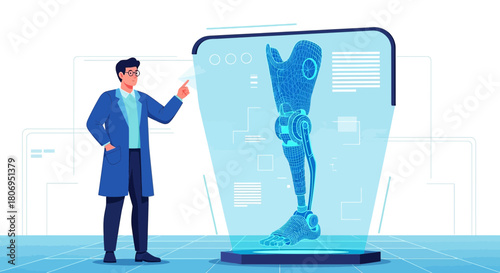 Advanced prosthetic leg design showcased by scientist using futuristic technology interface