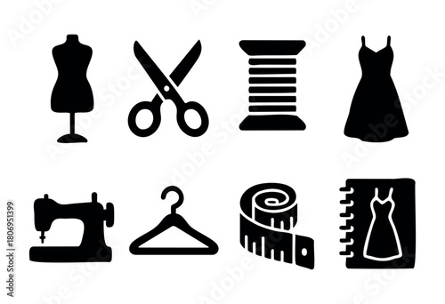 Various sewing tools are displayed, featuring a mannequin, scissors, a spool of thread, a pattern dress, a sewing machine, a hanger, measuring tape, and a notebook.