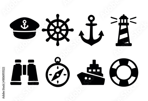 Navigation symbols are displayed, showcasing a captain's hat, ship's wheel, anchor, lighthouse, binoculars, compass, ship, and life ring, all in black outline style.