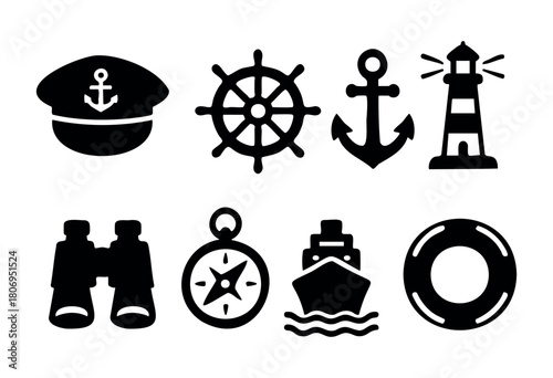 Classic maritime icons display a sailor hat, wheel, anchor, lighthouse, binoculars, compass, ship, and life buoy, representing sea exploration and navigation.
