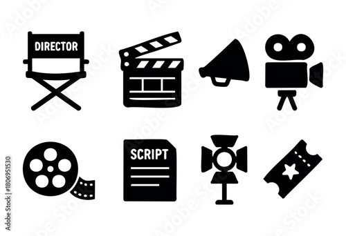 A collection of filmmaking elements displayed in black silhouettes, featuring a director's chair, clapperboard, camera, and film reel, useful for creative projects or education.