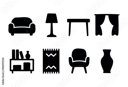 Black silhouettes of various furniture and decor items like a sofa, lamp, table, and curtains create a modern and artistic display for home design ideas.