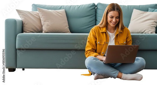 Woman sitting crosslegged on the floor in front of a sofa, working on a laptop computer, smiling isolated on transparent background
