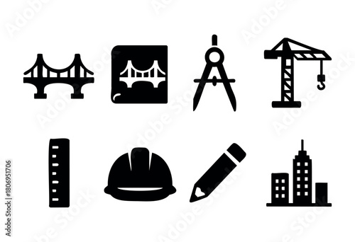 Various icons represent engineering and construction, including a bridge, tools like a compass, ruler, hard hat, pencil, and a city skyline, showcasing the essence of these fields.
