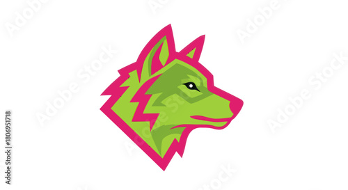 Stylized wolf head mascot in vibrant green and pink.