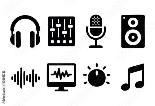 Collection of audio equipment icons showcases essential tools for music production and sound design, including headphones, microphones, speakers, and sound representation elements.