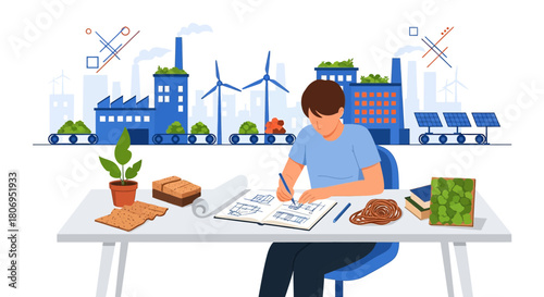 Architect designing a sustainable green factory using renewable energy resources carefully