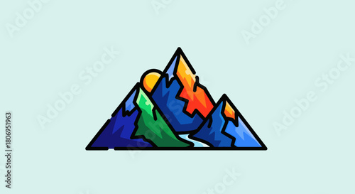 Vibrant Abstract Mountain Range Landscape with Sun and River.