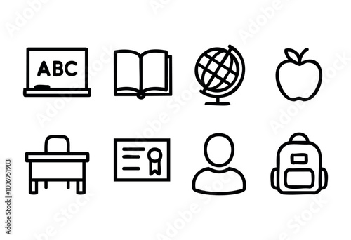 Various educational symbols are arranged in a grid layout. Items include a chalkboard with letters, a book, a globe, an apple, a desk, a certificate, a person icon, and a backpack.