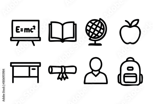 A collection of symbols illustrating educational themes, including a chalkboard with an equation, a book, a globe, and more. These icons evoke a sense of learning and academic achievement.