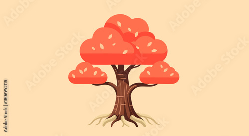 Stylized red tree with puffy cloud like foliage and visible roots.