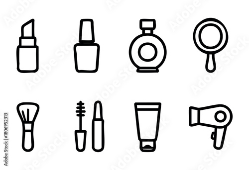 Various beauty items include lipstick, nail polish, perfume, and tools like a brush and hairdryer, showcasing a minimalistic aesthetic ideal for makeup lovers.