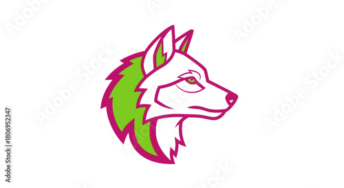 Stylized Wolf Head Illustration with Vibrant Green and Pink Accents.