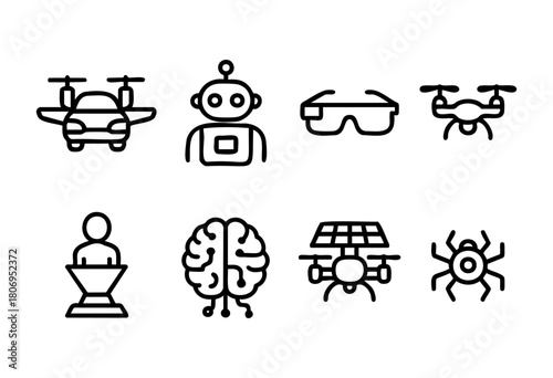Various icons display modern technological innovations such as drones, robots, augmented reality glasses, and artificial intelligence elements arranged in a grid pattern.