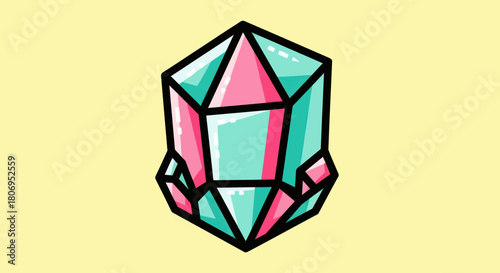 Vibrant Crystal Gemstone Illustration with Pink and Teal Facets.