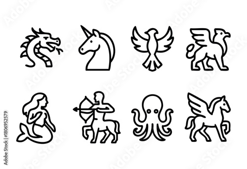 Various mythical creatures are illustrated in a series of simple line art, showcasing a dragon, unicorn, mermaid, and more, all engaging in different poses and activities.