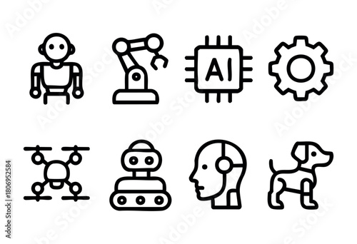 Simple drawings showcase different types of robots, including a humanoid robot, a robotic arm, and a drone, highlighting advancements in AI technology and automation.