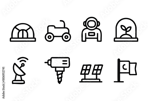 This collection features simplistic icons showcasing themes of technology, exploration, and agriculture. Included are designs of a space suit, tractor, satellite dish, and solar panels.