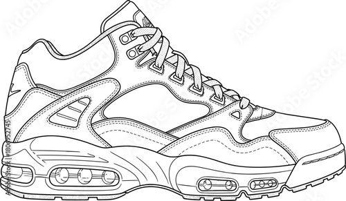 Vintage Cross Training Athletic Shoe Vector Outline Illustration for Retro Sports Footwear Design and High-Impact Fitness Graphics