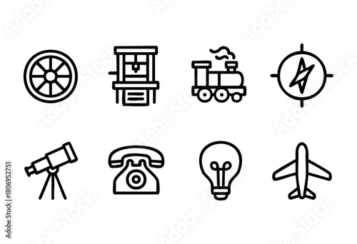 Icons display different inventions and tools that symbolize technological advancement, including a wheel, telephone, telescope, and train, highlighting human innovation and creativity.