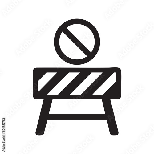 A black and white illustration depicting a barricade with a prohibition sign above it signifying restriction