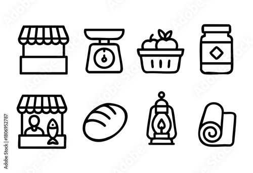 Various market stalls display fresh produce, fish, and jars of goods, highlighting local vendors and their offerings in a vibrant community setting.