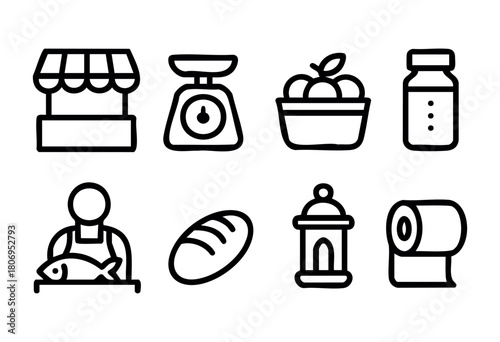 The scene captures a market setting where fresh produce, seafood, and other goods are presented. Essential tools like scales and containers for shoppers are also visible.