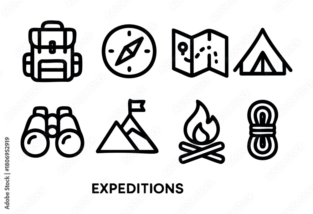 Fototapeta premium A collection of simple icons illustrating items related to outdoor expeditions. Includes a backpack, compass, map, tent, binoculars, mountains, campfire, and rope.