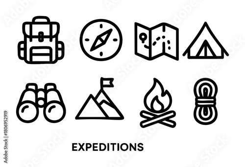 A collection of simple icons illustrating items related to outdoor expeditions. Includes a backpack, compass, map, tent, binoculars, mountains, campfire, and rope.