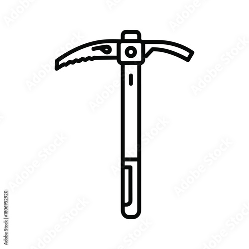 Minimalist black outline icon of an ice axe, a crucial tool for professional and recreational mountain climbing, glacier travel.
