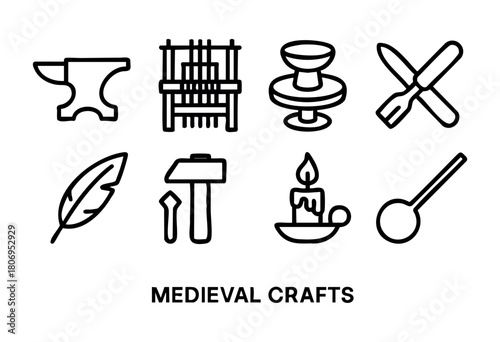 Symbols representing various medieval crafts are shown, including blacksmithing, weaving, and candle making, illustrating traditional skills and artistry from the past.