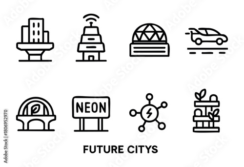 Various futuristic designs highlight innovative buildings like smart towers and eco bridges, featuring energy solutions and modern transportation like flying cars in urban environments.