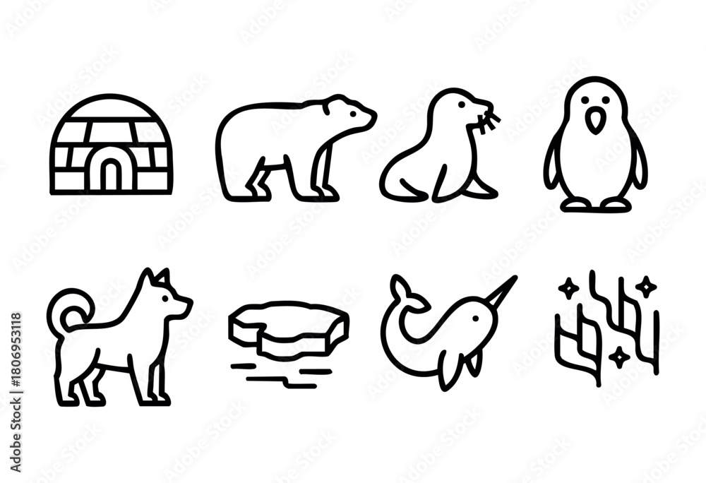 Fototapeta premium Various simple icons depict Arctic animals like a polar bear, seal, and narwhal alongside an igloo and a dog, showcasing a playful exploration of wildlife.
