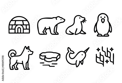 Various simple icons depict Arctic animals like a polar bear, seal, and narwhal alongside an igloo and a dog, showcasing a playful exploration of wildlife.