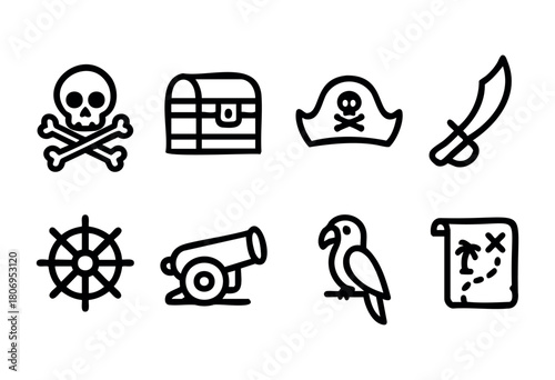 A collection of playful illustrations showcasing pirate-themed elements such as a skull, treasure chest, swords, and a ship's wheel, perfect for evoking adventure and exploration.