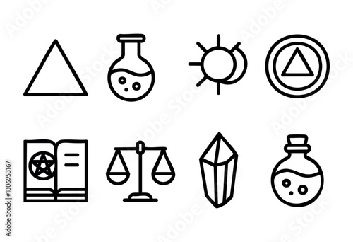 A collection of simple line drawings showcases alchemical symbols, including a triangle, flask, scales, and crystals, representing balance and transformation in mystical practices.