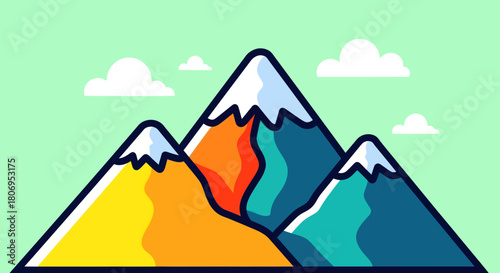 Stylized Mountain Range with Colorful Slopes and Snowy Peaks.