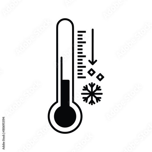 Thermometer showing a low temperature with falling snowflakes and ice crystals, isolated on