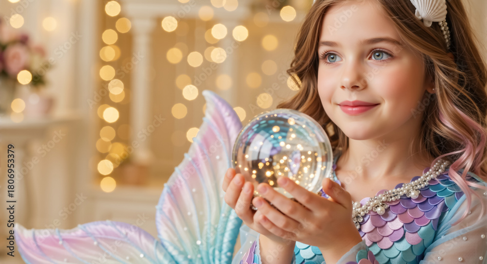 Naklejka premium Cute little girl holding a magic crystal ball in a mermaid costume. Child with fairy wings celebrating Christmas and New Year. Fantasy fortune teller concept