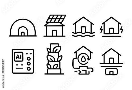 This collection showcases various symbols related to sustainable living, including solar panels, flood impacts, and water conservation methods, emphasizing environmental awareness and solutions.