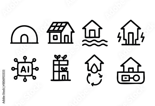 Multiple house icons are displayed, featuring solar panels, water dynamics, and energy efficiency, representing innovation in eco-friendly living and smart technology in urban areas.