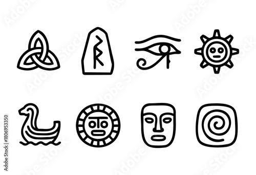 Collection of eight distinct symbols from various ancient cultures showing their unique designs and meanings. Each symbol reflects a rich heritage and storytelling tradition.