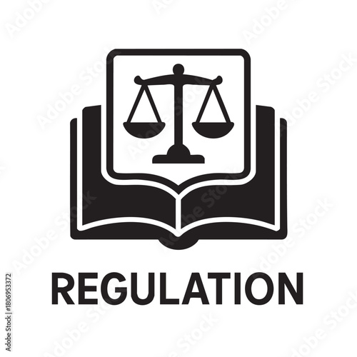 A black and white graphic depicting justice law and legal studies with an open book and scales