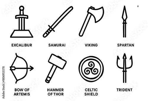 Various iconic weapons and symbols are represented, including Excalibur, a samurai sword, a Viking axe, and more, showcasing elements from mythology and history.
