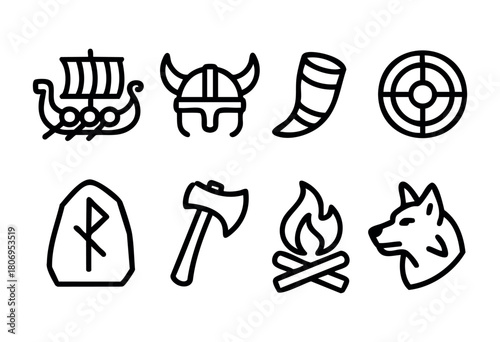 Various symbols of Viking culture are displayed, showcasing a ship, a horn, a target, runes, an axe, a fire, and a wolf. These elements represent Norse mythology and history.