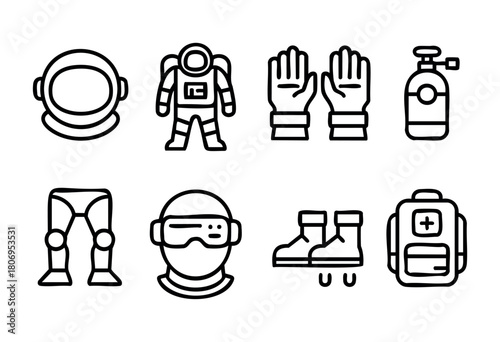 Various space exploration equipment is displayed, featuring an astronaut suit, gloves, an oxygen tank, a helmet, and other essential gear for space missions.