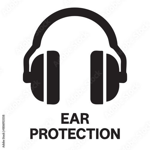 Simple black and white illustration of over ear headphones with the word ear protection below them