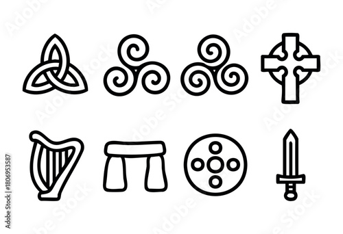 Various Celtic symbols are showcased, including a trinity knot, spiral patterns, a cross, a harp, and a sword. Each symbol reflects a rich history and cultural meaning.